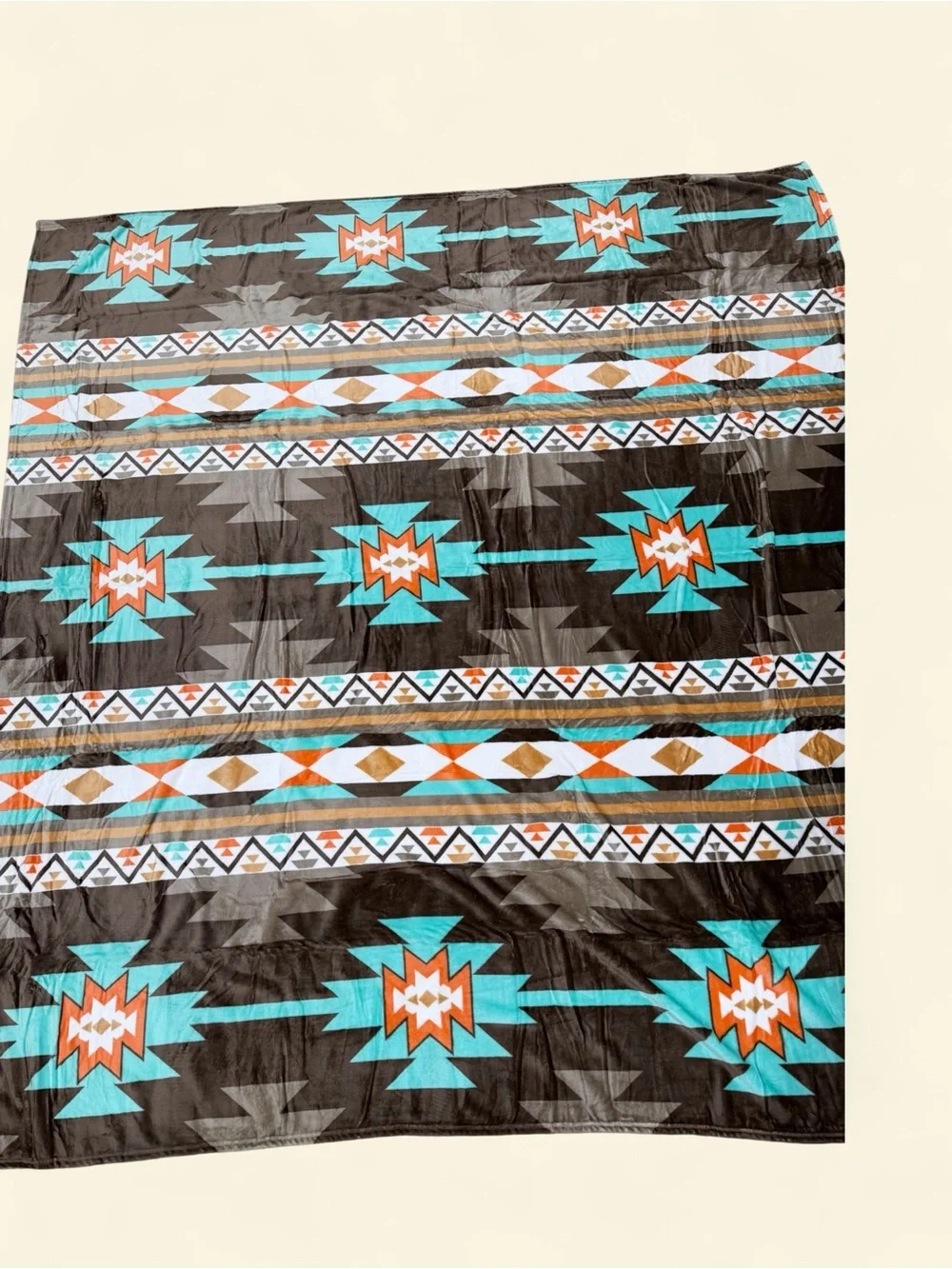 Queen Southwest tribal Aztec Geometric Plush fleece Blanket - Turquoise & Brown